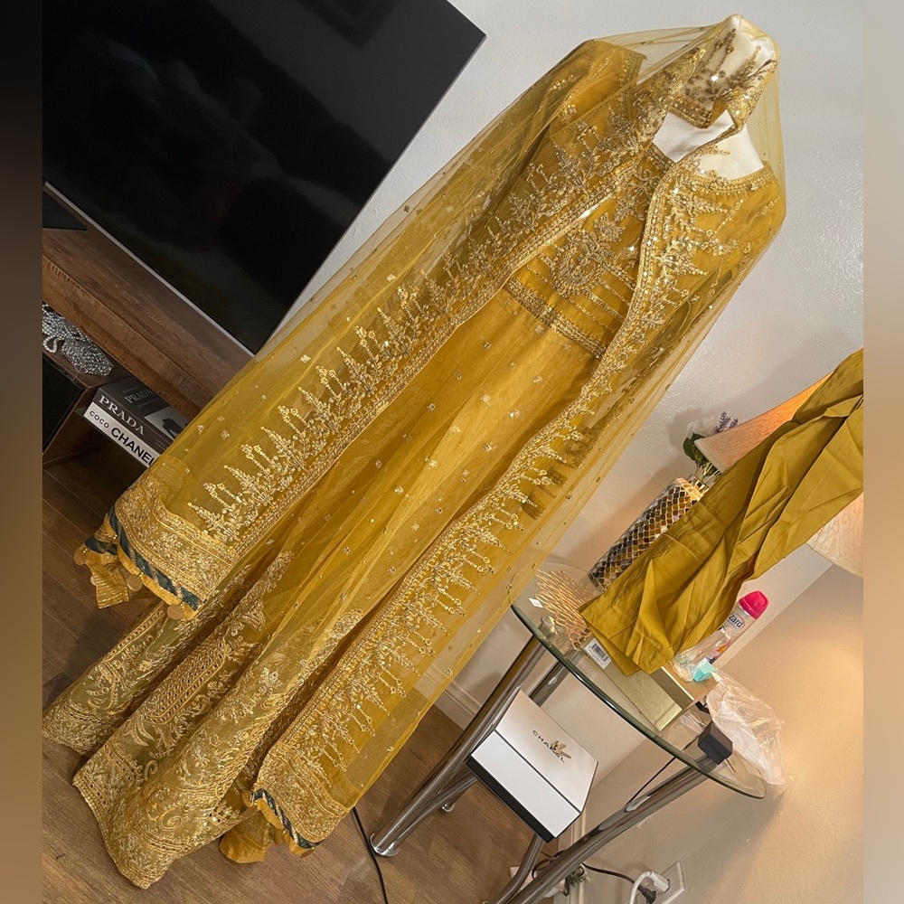 3 PIECE Yellow pakistani EMBROIDERED MAXI frock
